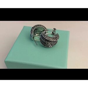 Sparkling Silver Wide Marcasite Gemstone Wave "J" Hoop Leverback Earrings